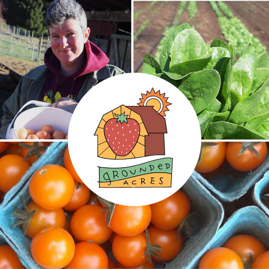 From top left: Mel smiling holding a bucket of eggs, a bunch of fresh greens with the field in the background, freshly picked cherry tomatoes, the Grounded Acres logo circled in the centre. 